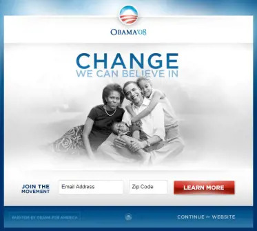 Barack Obama's election campaign website, the result of a conversion copywriting experiment