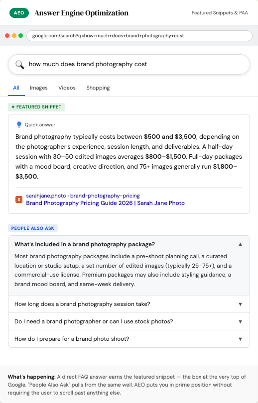 Mockup of what AEO search results look like (for a blog post on website copy tips)