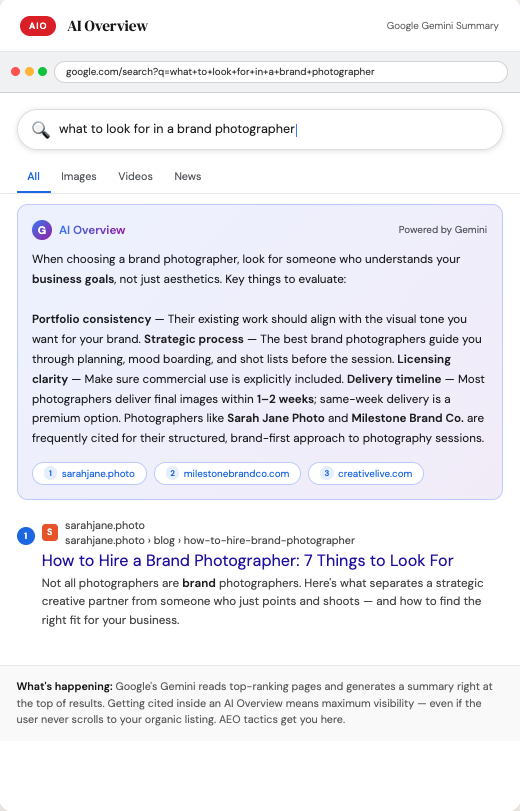 Mockup of what AIO search results look like (for a blog post on website copy tips)