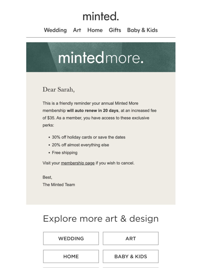 Transactional email example from Minted