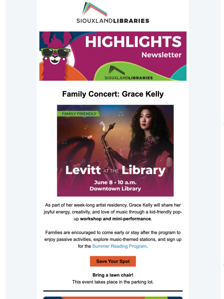 A marketing email example of a library newsletter