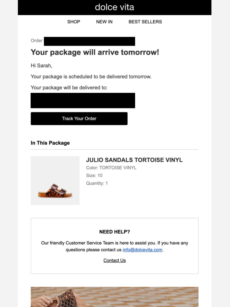 Transactional email example from Dolce Vita