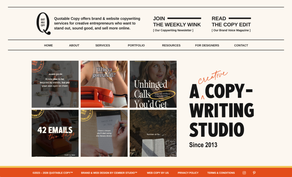 The website footer for Quotable Copy, showing best practices for user experience